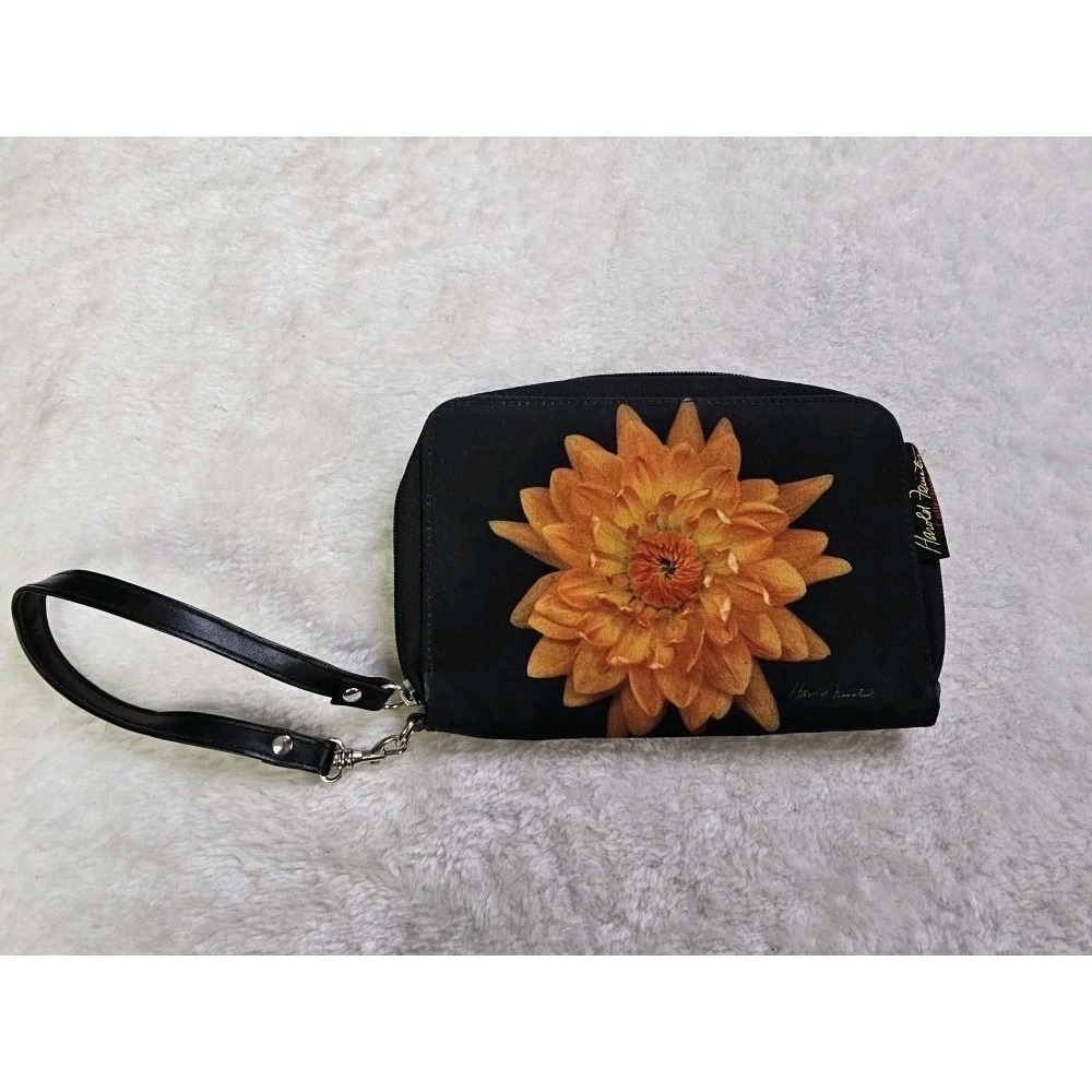 Harold Feinstein Collection Fresh Flower Zip Around Wristlet Orange Dahlia Boho